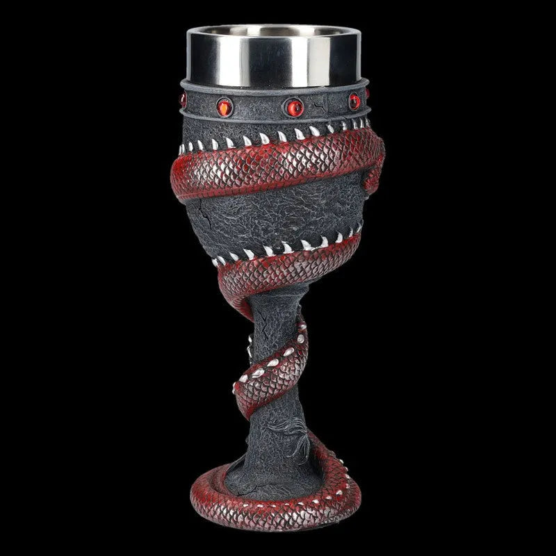 Red and gold stainless steel wine glass with 3D Chinese dragon resin design, 200ml capacity.