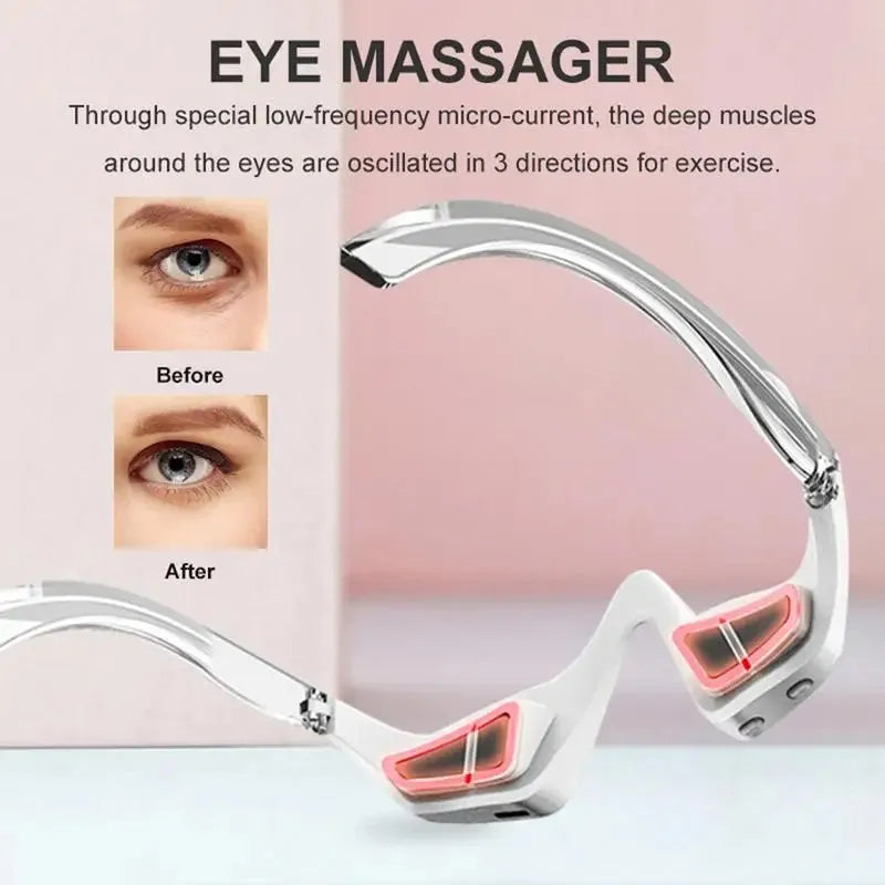 Pink and white micro-current eye massager with glasses-style frame on a grey background.