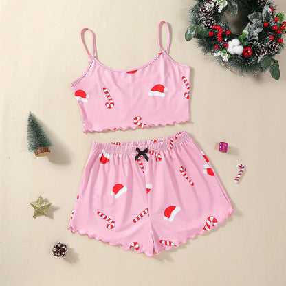 Women's Christmas-themed milk silk pajamas set with sleeveless top and shorts