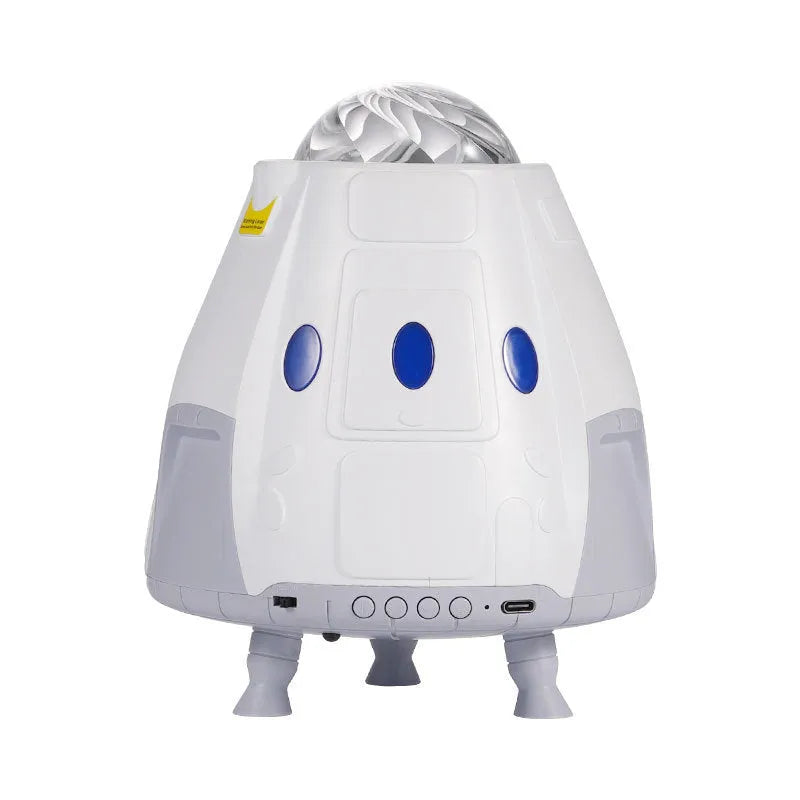 Space capsule shaped galaxy atmosphere projection lamp in white or grey with USB cable and remote.