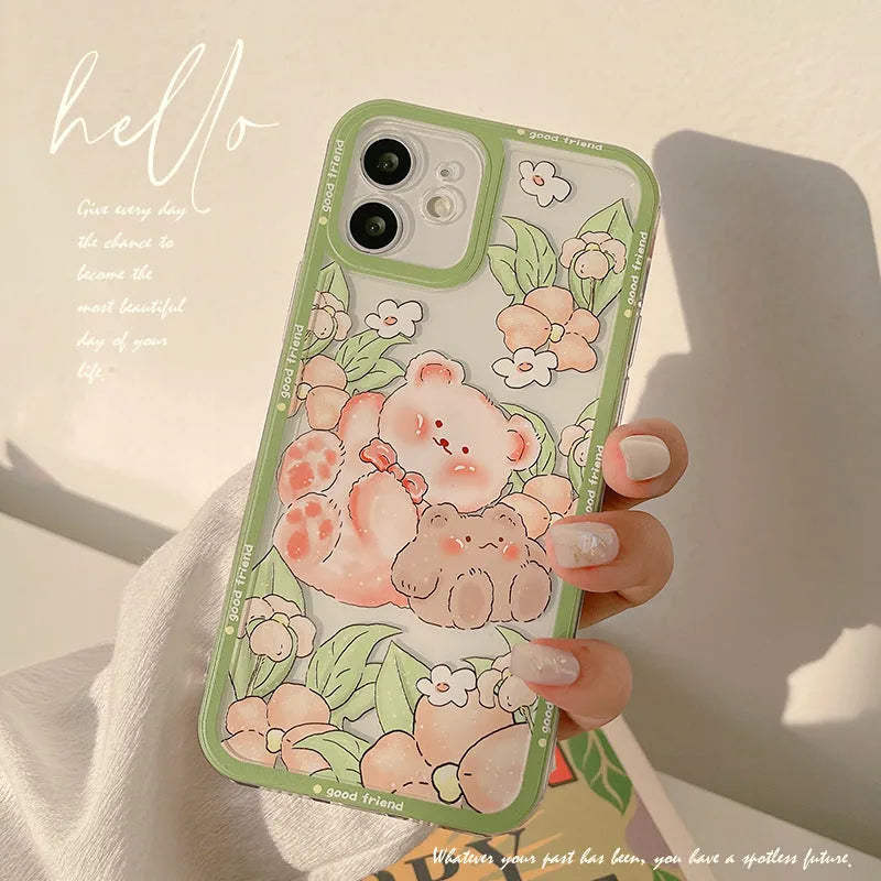 Transparent TPU phone case with hand-painted bear and floral design for iPhone 13