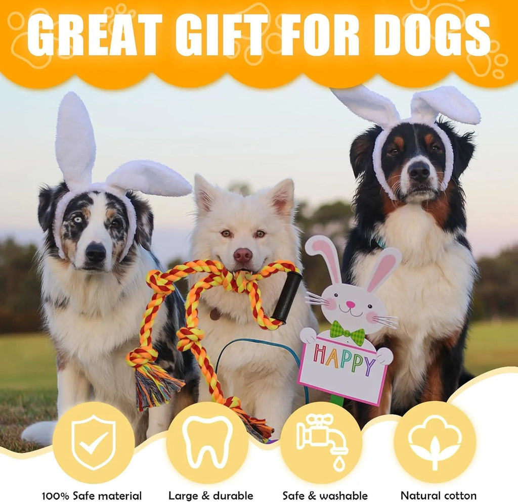 Blue and yellow heavy-duty cotton dog rope toy with a sturdy handle for tug-of-war with large breeds.