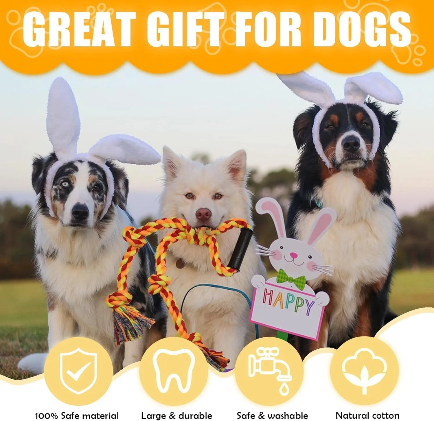Blue and yellow heavy-duty cotton dog rope toy with a sturdy handle for tug-of-war with large breeds.