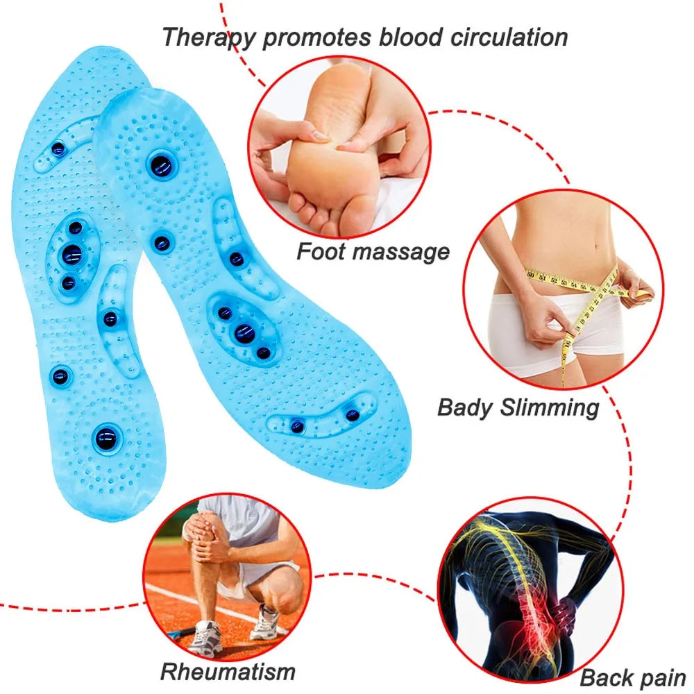 Transparent magnetic massage insole with silicone elastomer, visible magnets and massage nubs, on white background