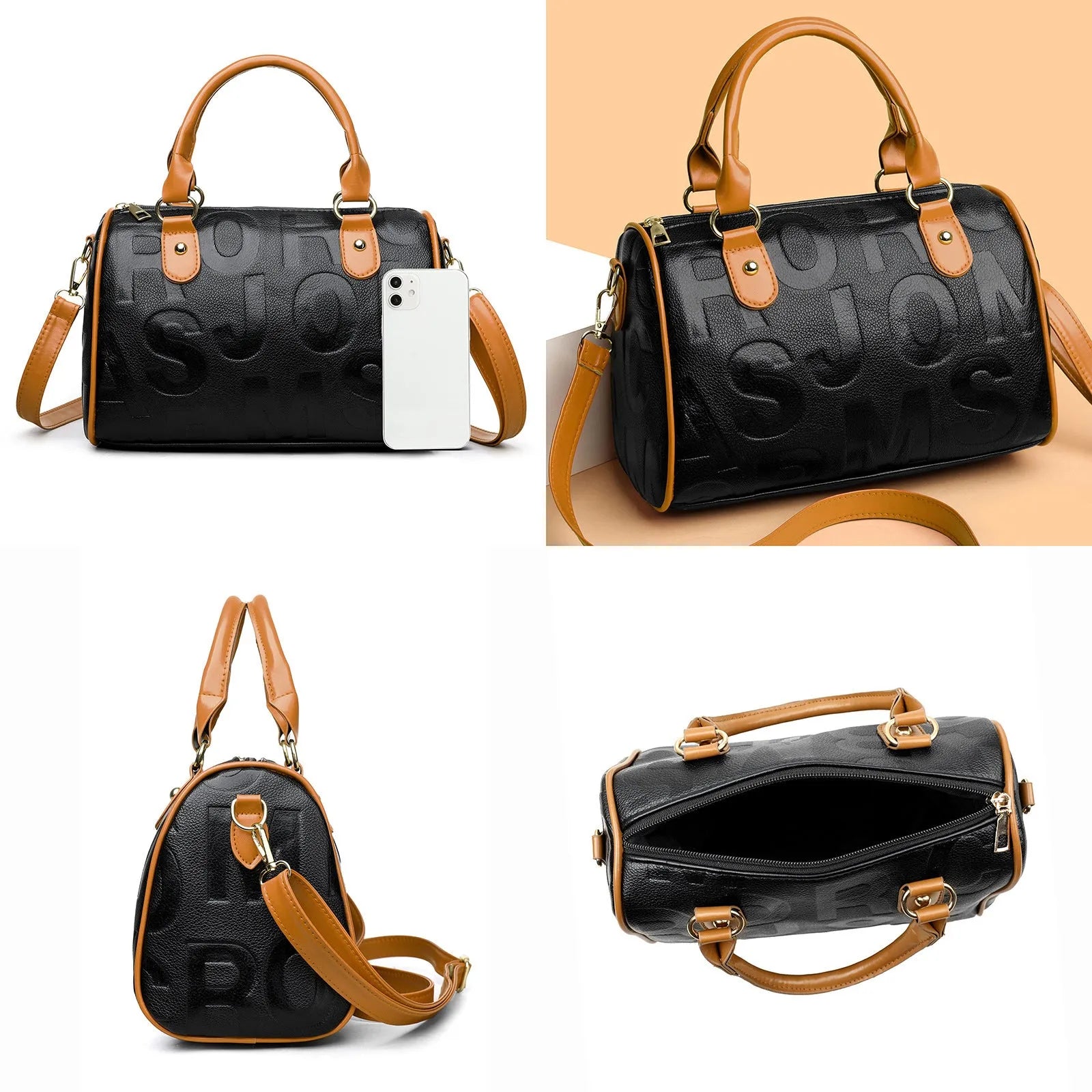 Cylindrical brown PU leather crossbody bag with three shoulder straps displayed