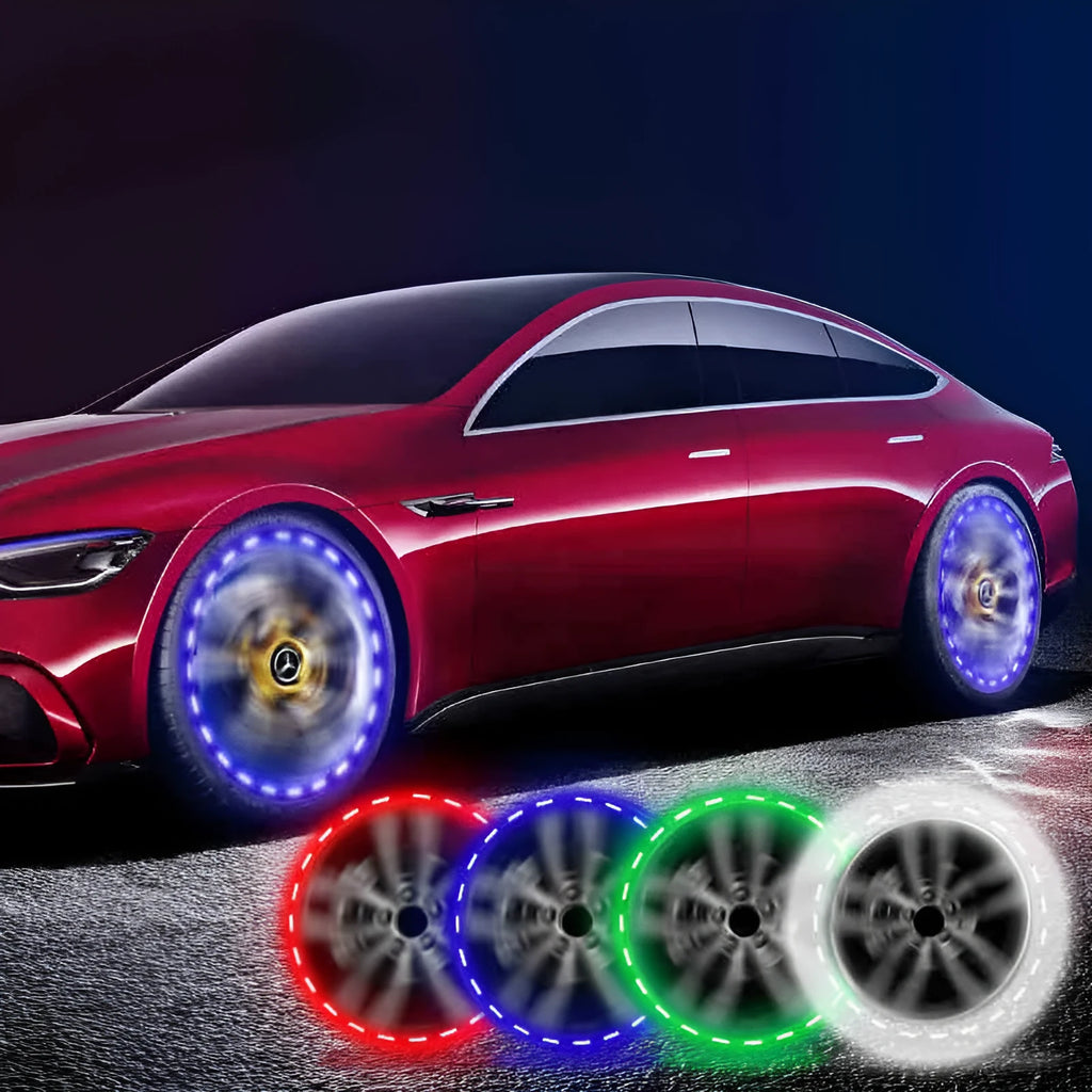 Colourful solar-powered LED hub lights for vehicle wheels with control switch showing multiple flash modes
