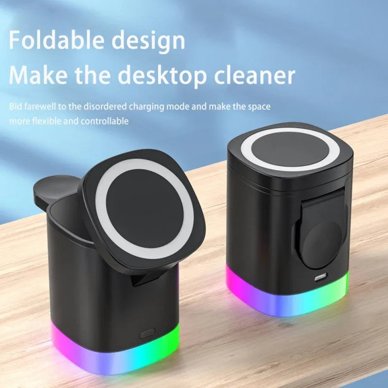 Black and white 3-in-1 magnetic wireless charging station with foldable cube design