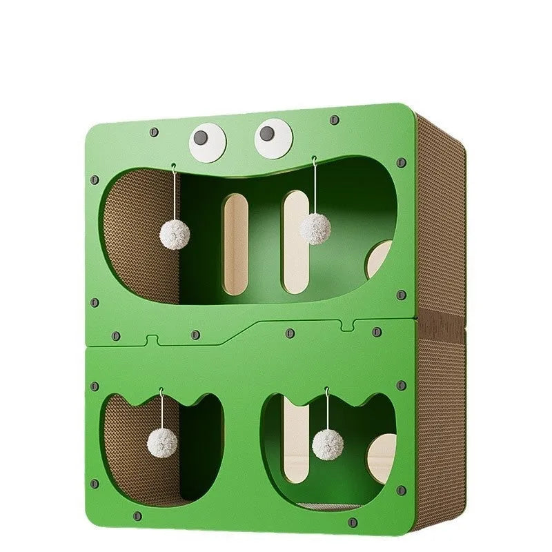 Double layer cat scratching post with attached cat nest in owl design style