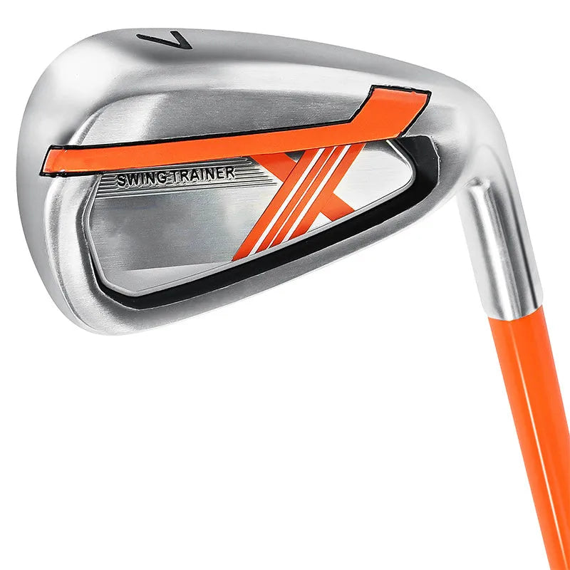 Golf iron swing trainer with orange soft iron club, compact size for home practice