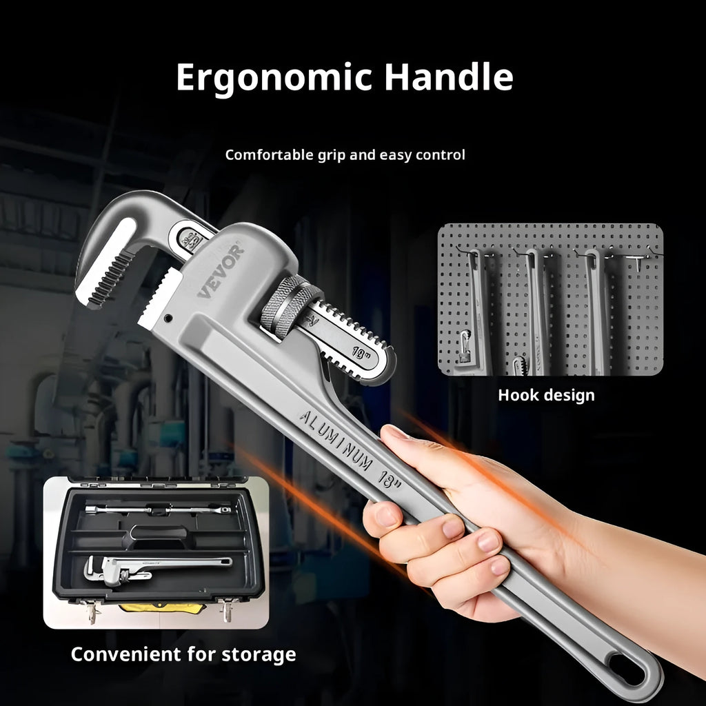 Aluminium heavy straight pipe wrench 18 inch with 95mm jaw opening on grey background