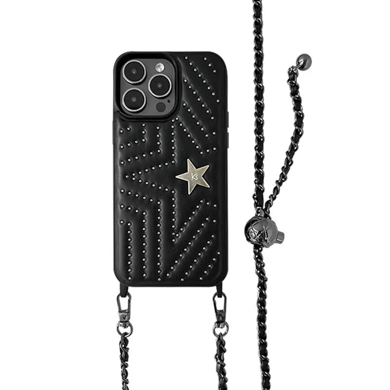 Rivet Crossbody High Sense Phone Case in black leather texture for iPhone 14 Pro Max, anti-fall protective shell