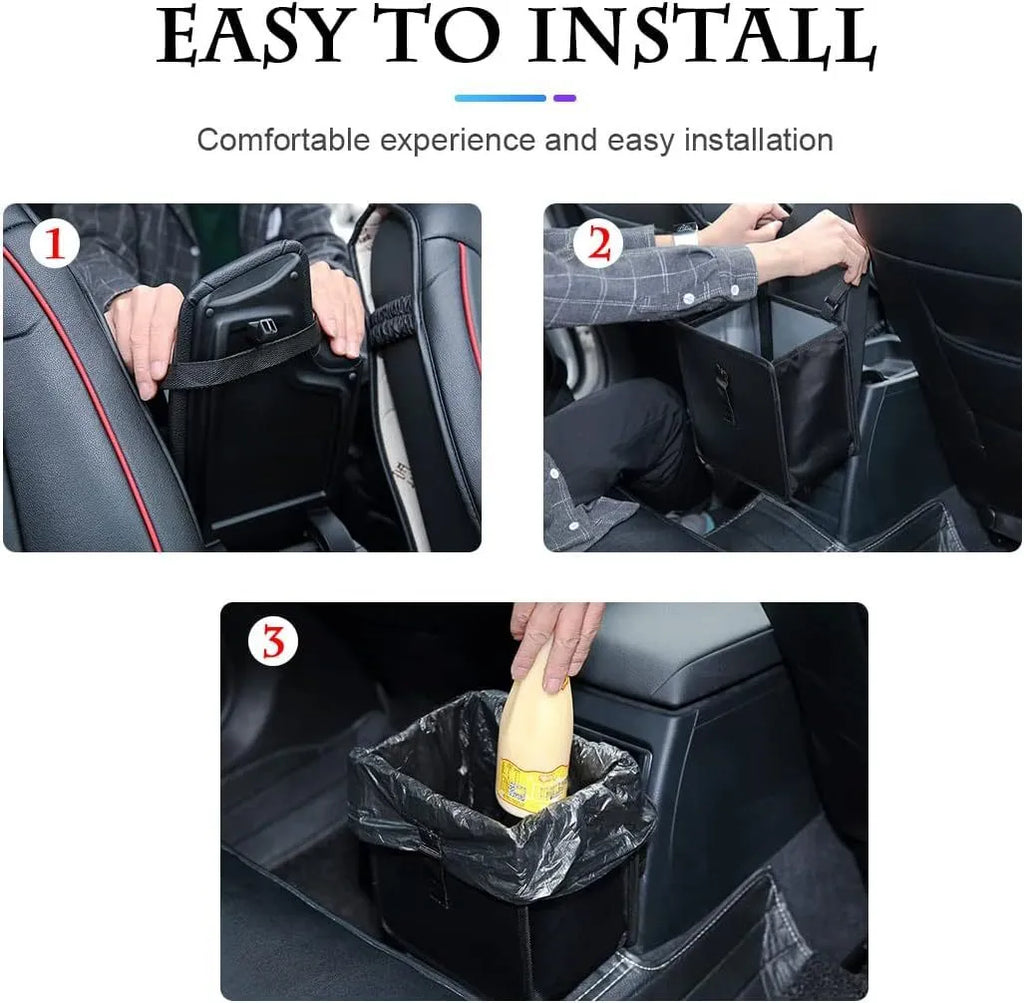 Black Oxford cloth car folding trash can showing expanded 22cm square shape and hanging strap