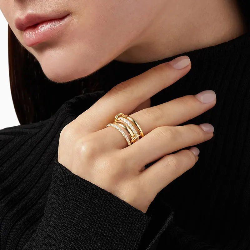 S925 sterling silver four-ring buckle row ring with inlaid zircon in 18k gold colour, unisex minimalist style