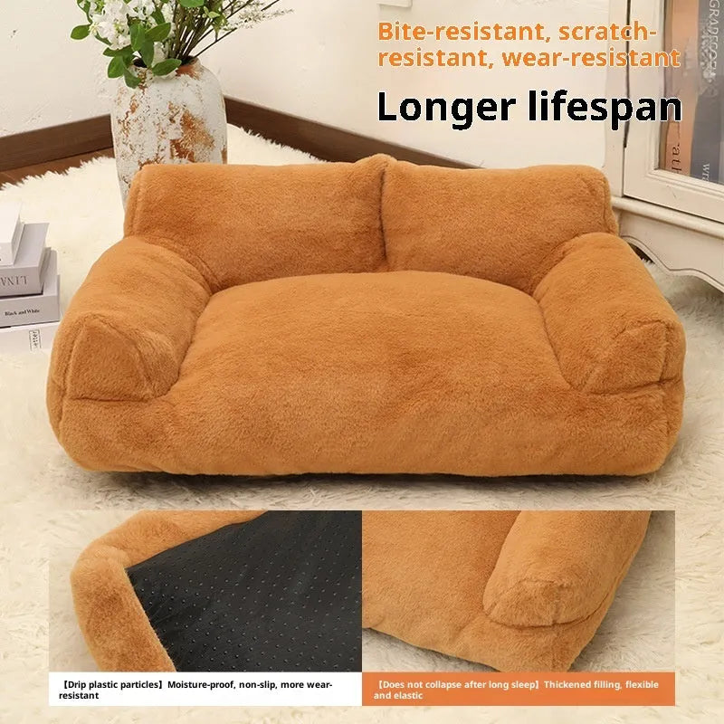 Large rabbit plush pet sofa bed in golden brown for dogs, 75x50x26cm