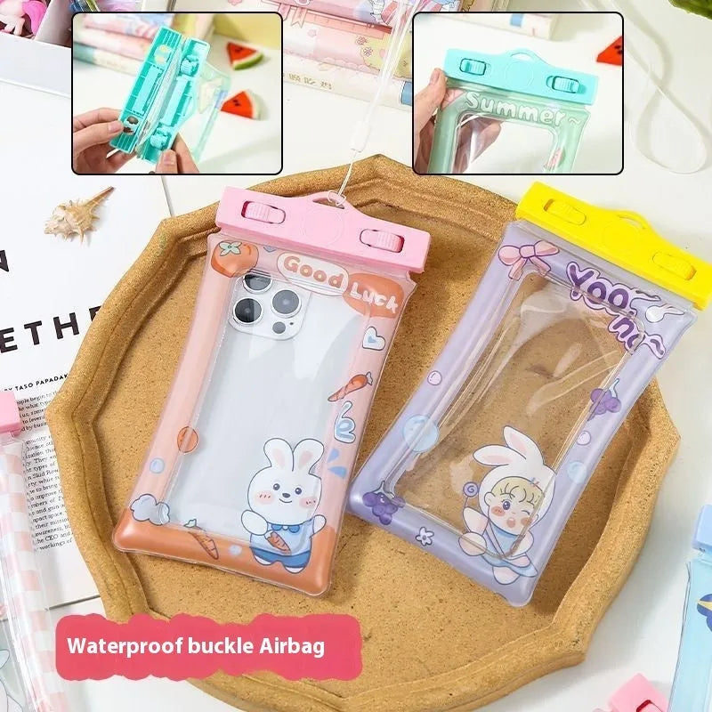 PVC waterproof phone bag with touch screen, 21x11.5cm, airbag cushioning, and gift lanyard in cartoon pattern styles