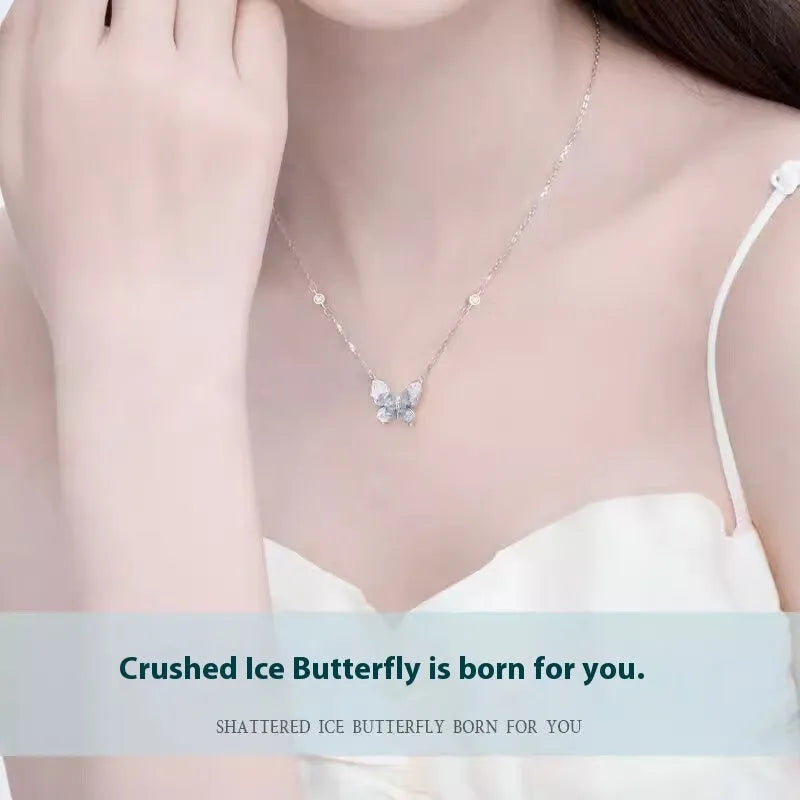Bingyu butterfly pendant necklace in S925 silver on adjustable O-ring chain 41-50cm