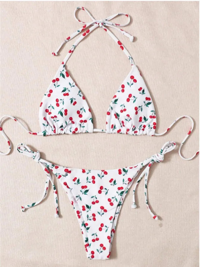 Holiday split halter bikini set in solid colour with backless design
