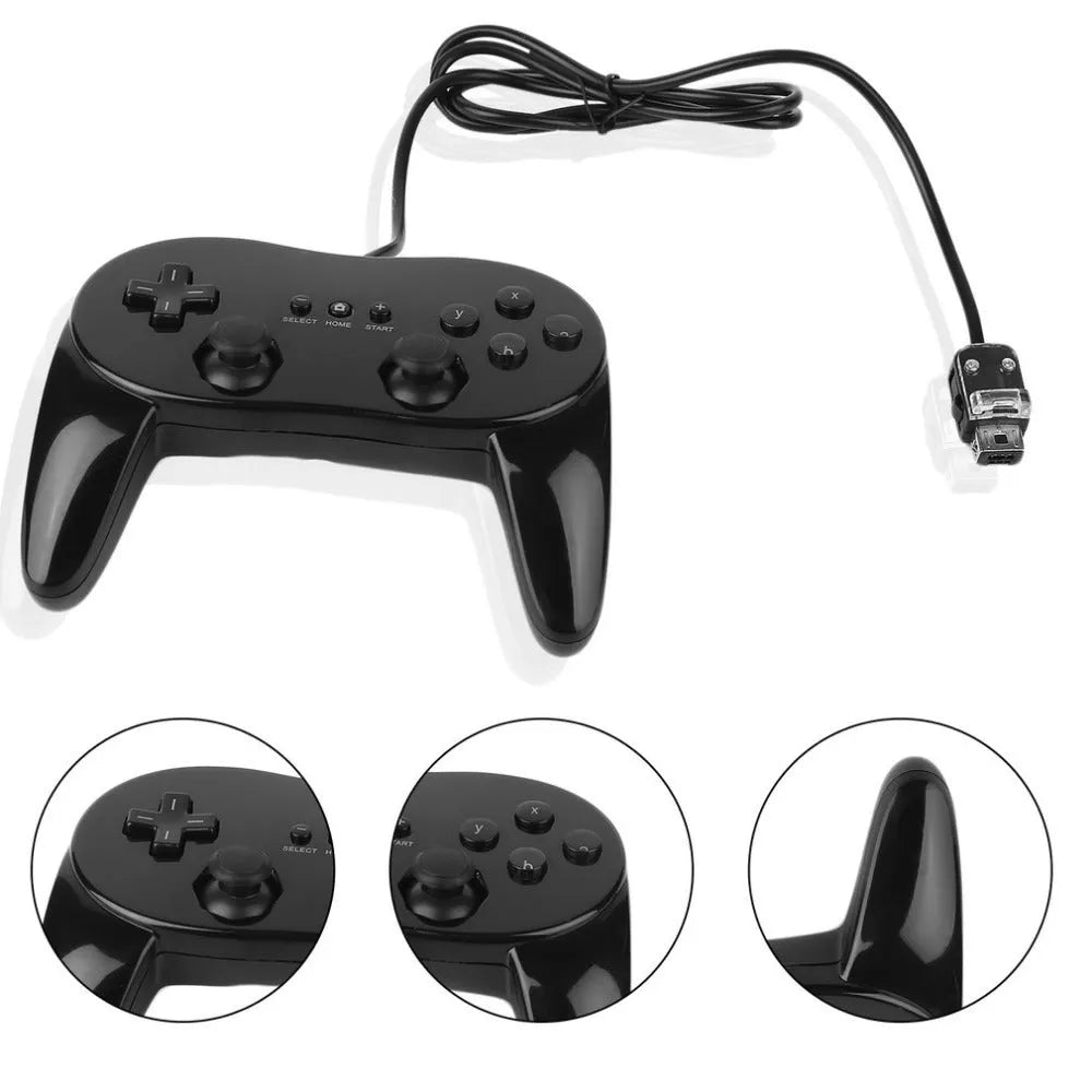 Nintendo Wii Classic Controller wired game pad in black with control pad and eight buttons