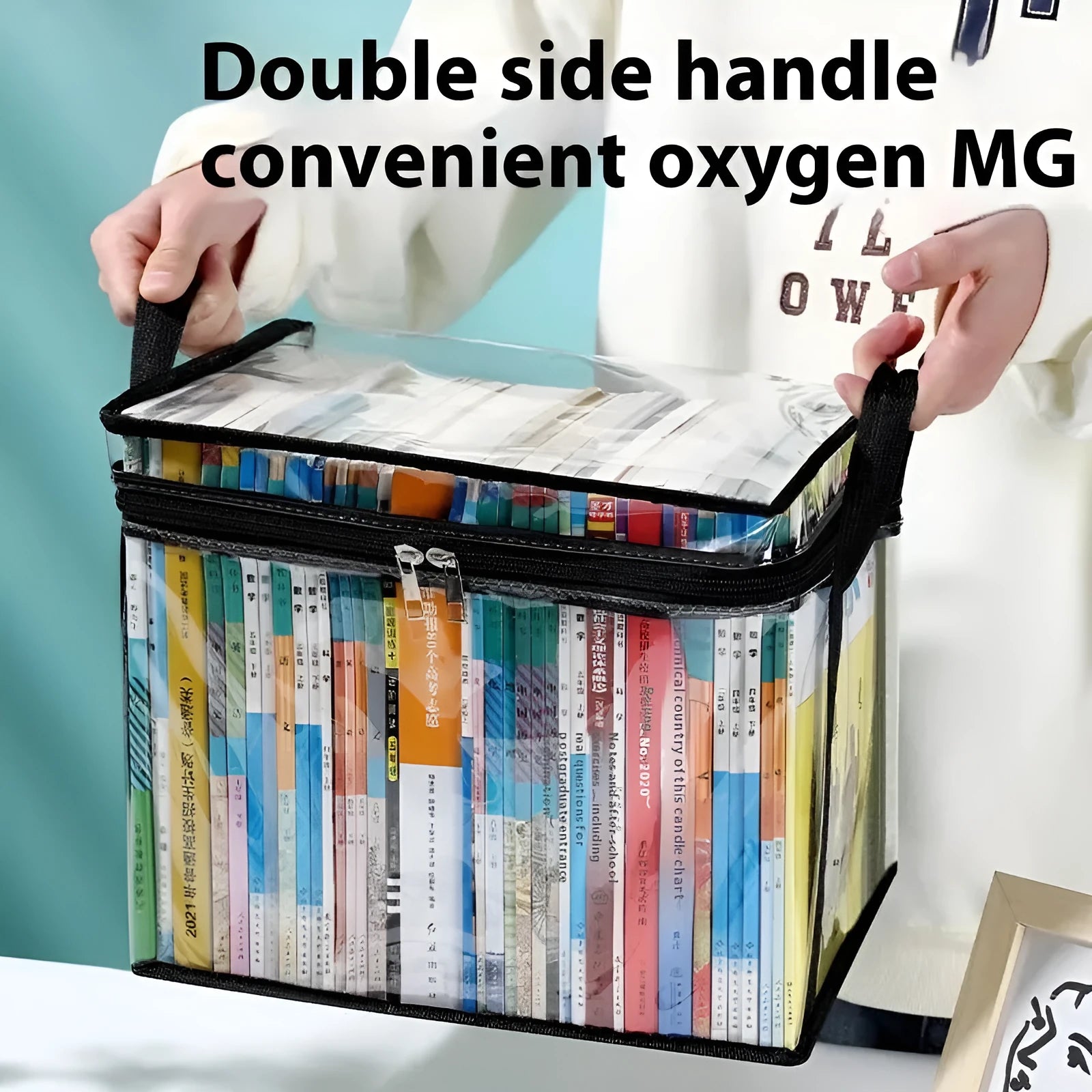 Large white foldable PVC storage bag with a transparent front panel, shown next to a black version.