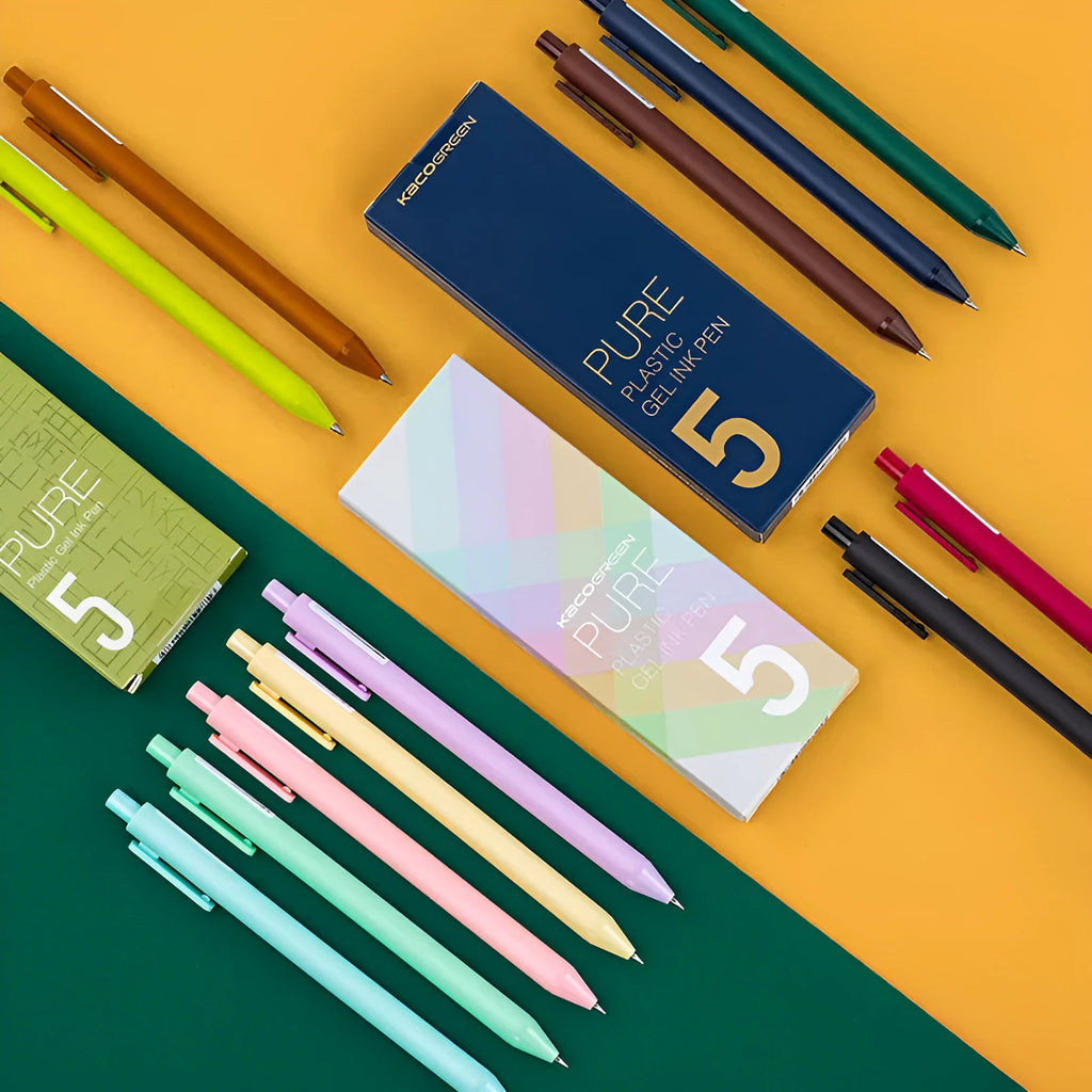 Five candy-colour gel pens with 0.5mm fine point and plastic body on a white background
