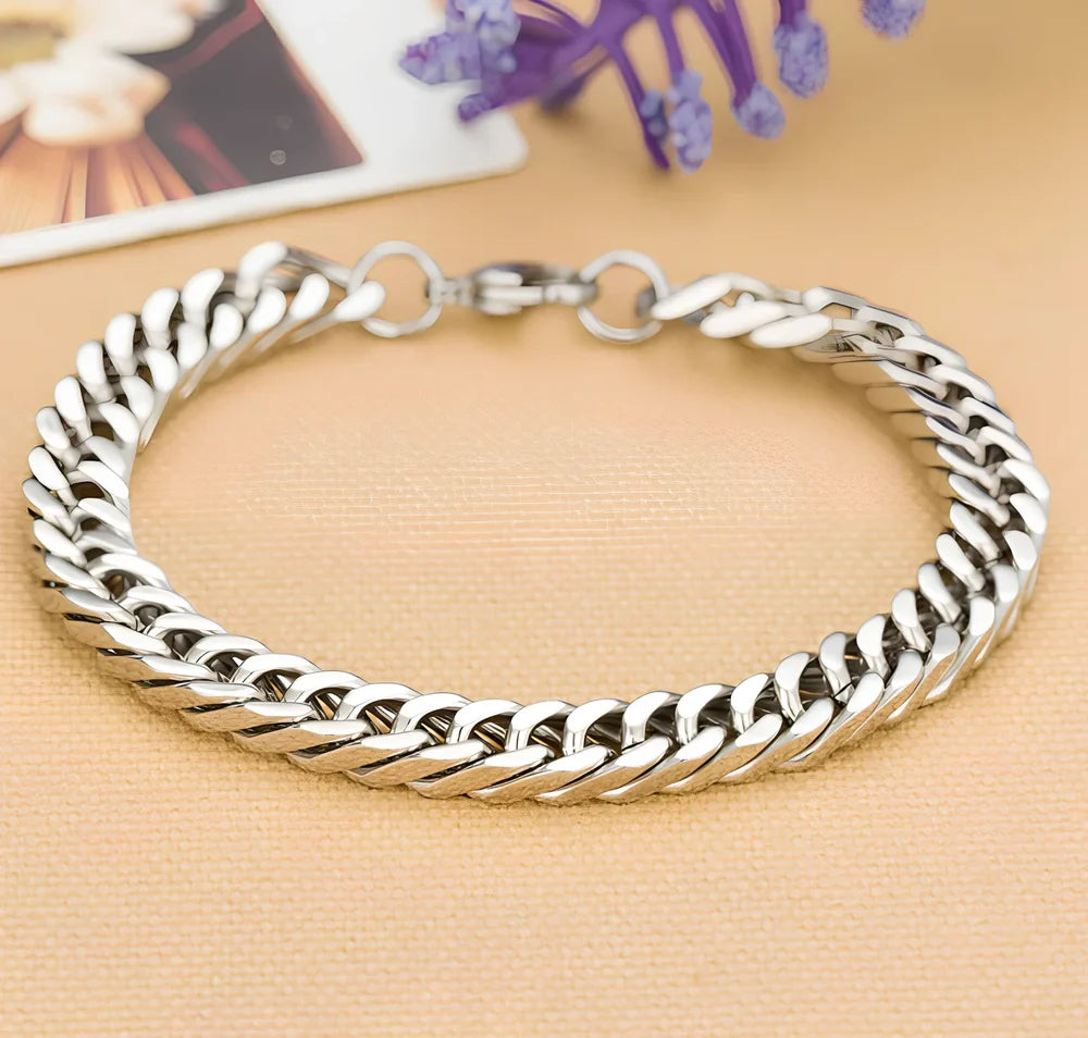 Men's titanium steel bracelet with silver inlay, geometric chain 21.5 cm long and 10 mm wide