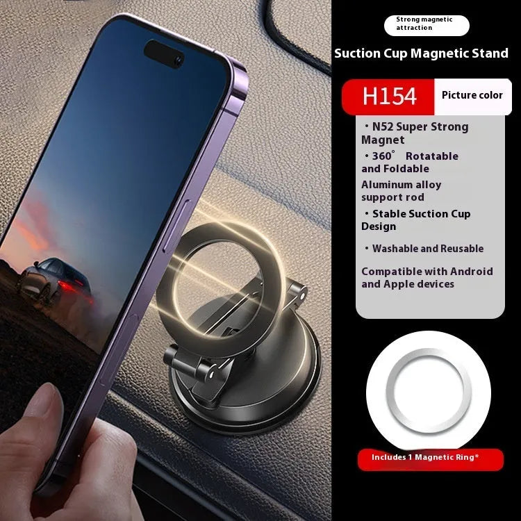 Black car magnetic phone holder with suction cup mount for vehicle windscreen or dashboard attachment