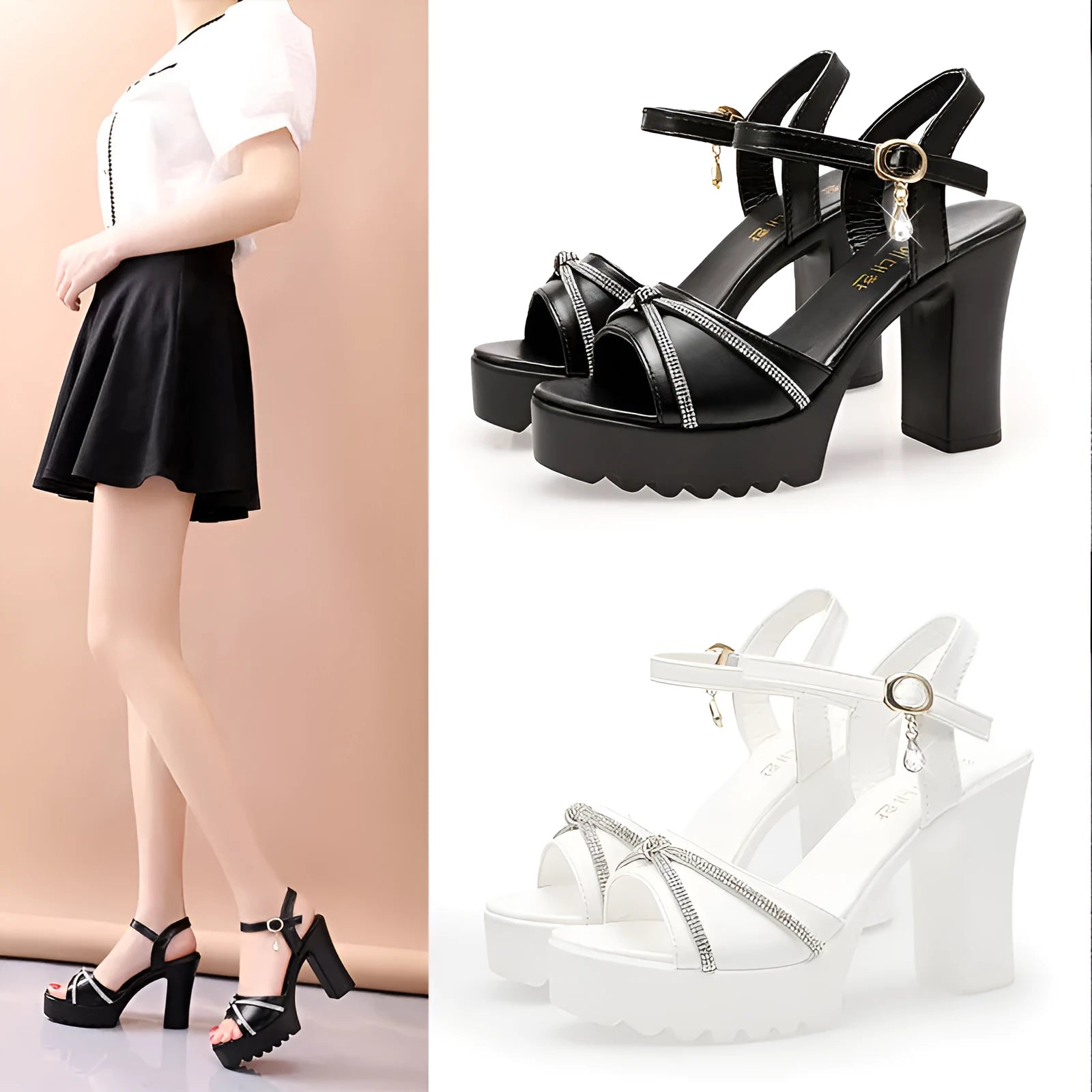 Women's black and white PU high heel sandals showing open-toe design