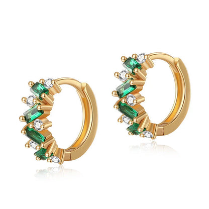 Leaf inlaid zircon emerald ear clips with geometric design and 18K copper construction