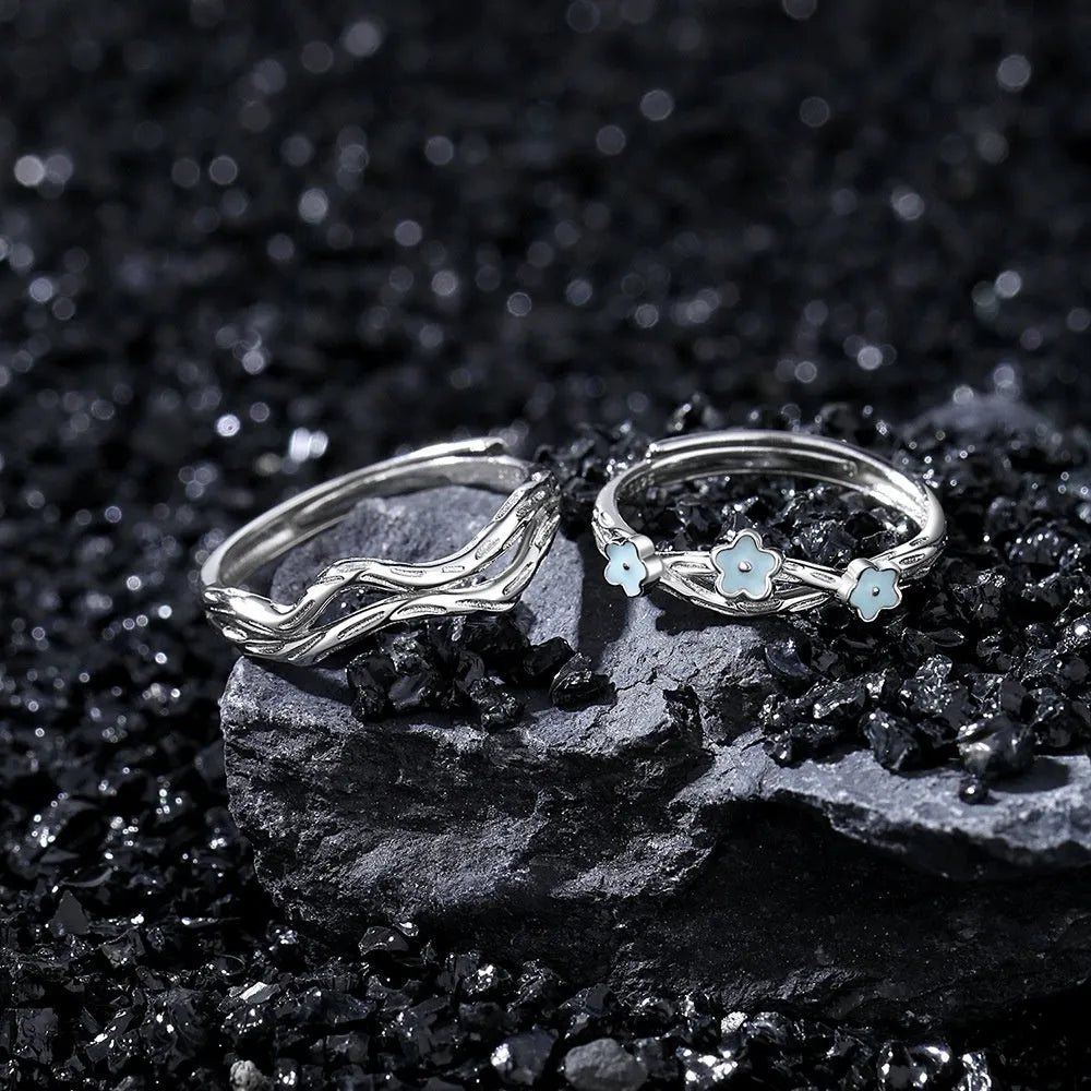 S925 sterling silver love ring with fluorescent design, adjustable opening, flower and leaf shape, simple style for women and men