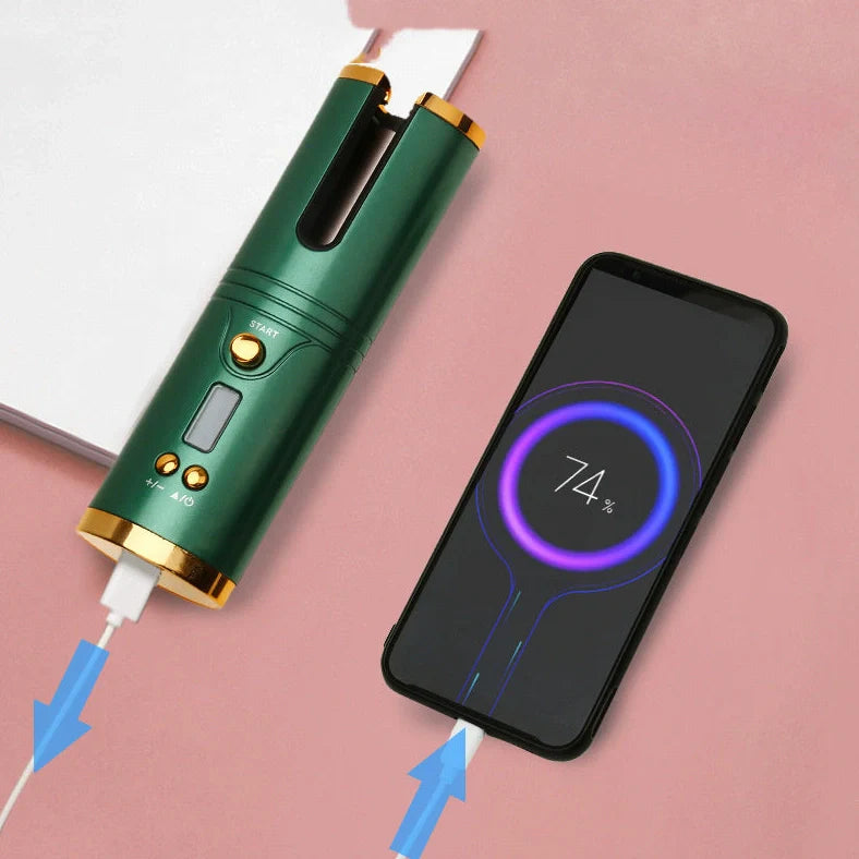 Wireless portable mini USB hair curler with 10 temperature settings and 21-30mm heat conductor diameters for creating various curl sizes without damaging dry hair