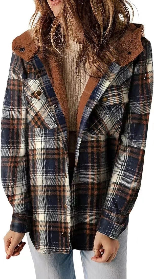 Casual plaid hooded woolen coat with fleece lining in various colours