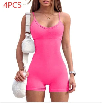 Stylish spaghetti strap romper in a variety of vibrant colors, designed for fashion, fitness, and everyday comfort.