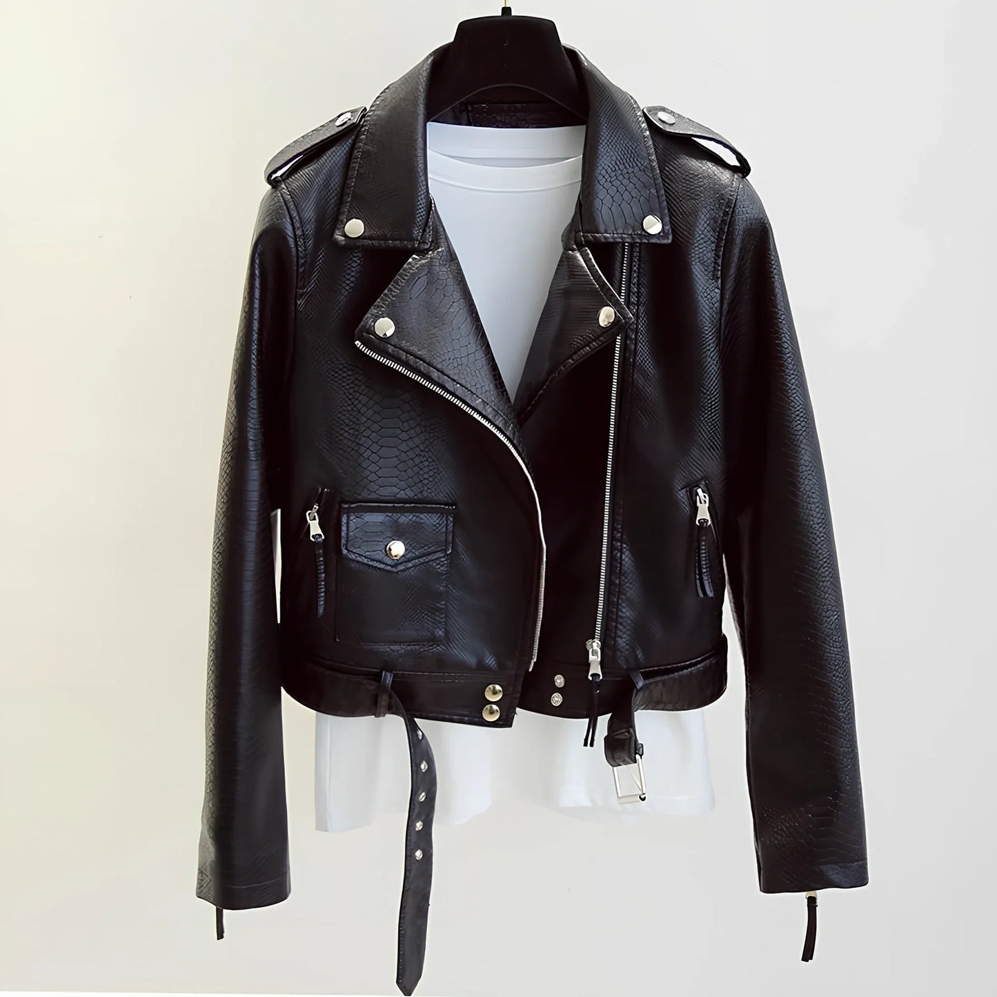 Women's short black imitation leather jacket with lapel collar and belt, 50cm length, S-XL sizes for spring autumn