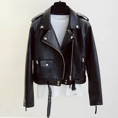 Women's short black imitation leather jacket with lapel collar and belt, 50cm length, S-XL sizes for spring autumn
