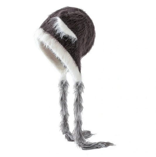 Cat ears mink wool knitted hat in white with tassel detail, 29x23cm dimensions