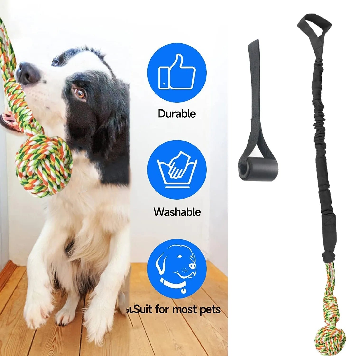 Cotton dog tug of war rope toy in black, grey, or red colours for aggressive chewers