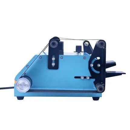 Blue desktop dual-axis belt sander for knife sharpening with variable speed control.