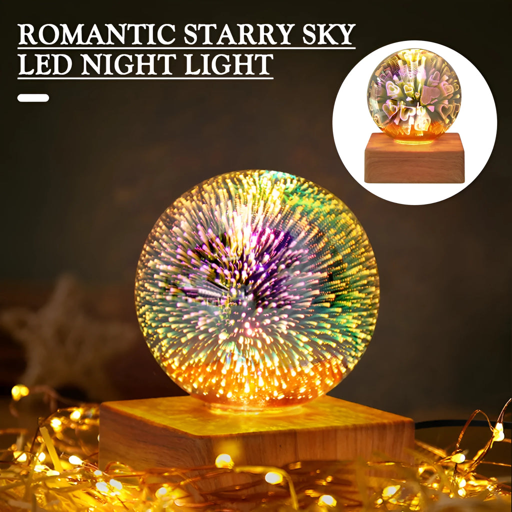 Spherical USB touch control LED night light showing starry sky pattern on a desk.