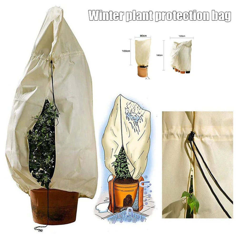 Adjustable plant cover in beige color, designed to protect plants from cold weather and harsh winter conditions