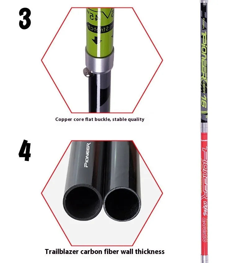 Carbon fibre folding climbing cane with tungsten steel tip shown extended and collapsed
