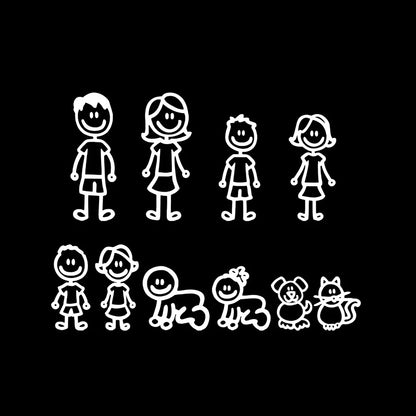 Big family cartoon car sticker measuring 38.3cm wide with black, white and laser colour options