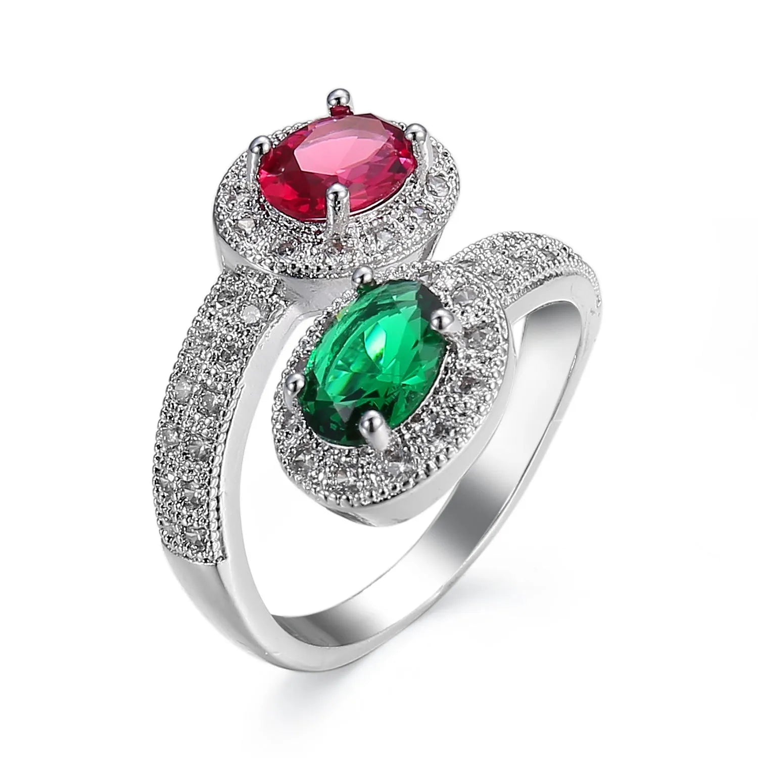 Copper electroplated zircon ring for women in Rose Emerald colour on plain background