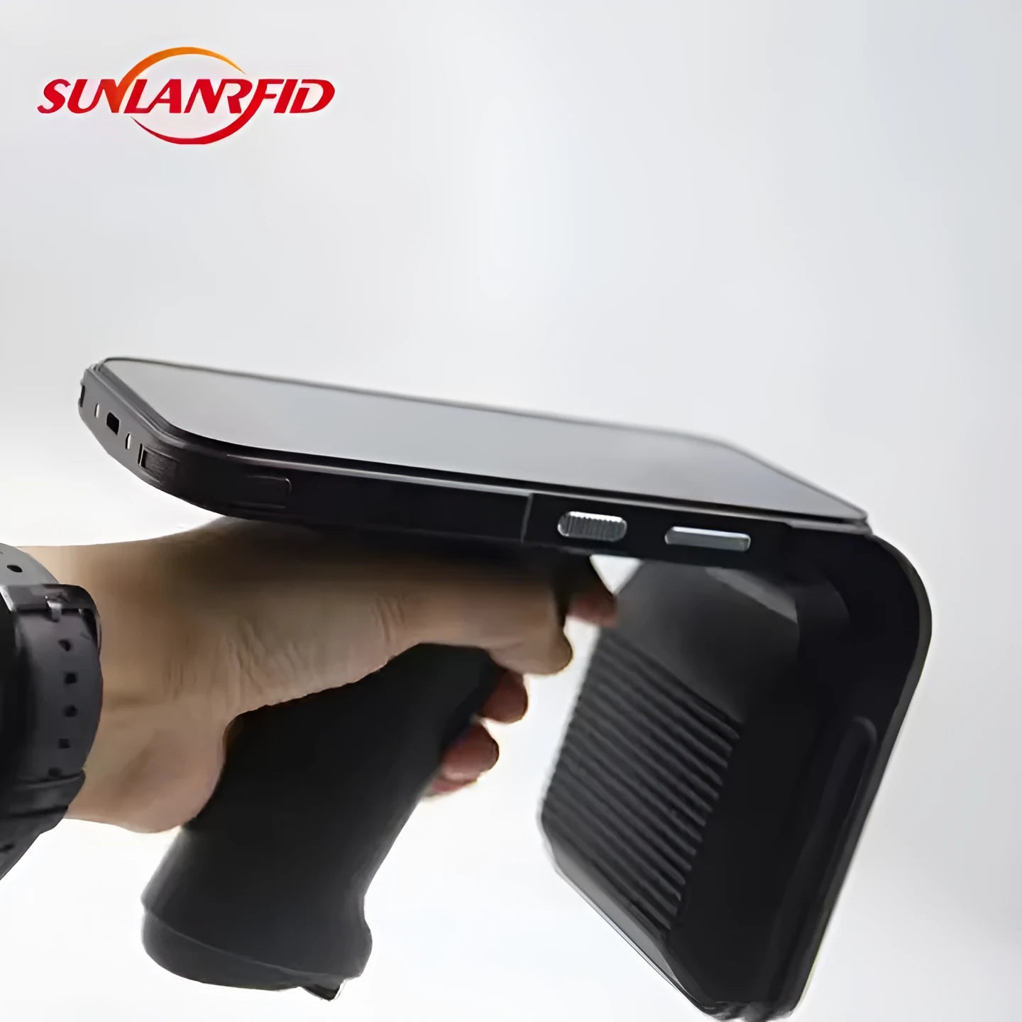SLP-05 handheld Android UHF RFID scanner with integrated fingerprint reader and barcode scan window.
