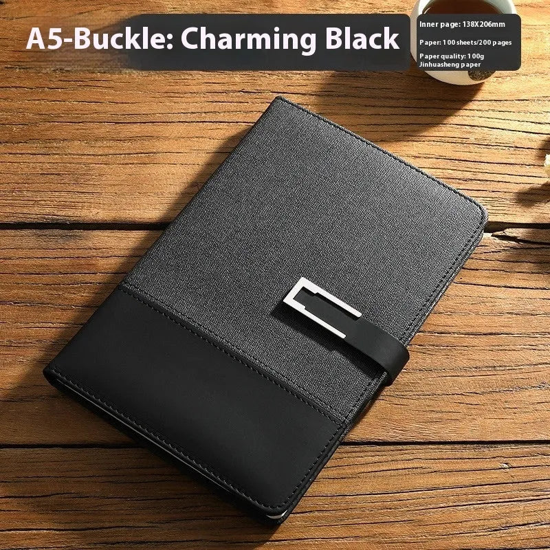 A5 soft PU leather business notebook in choice of five colours, shown with wood-free paper pages and optional gift box.