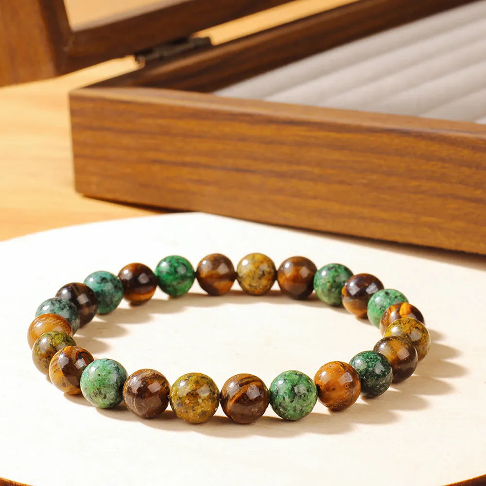Tigereye natural stone fortune bracelet with flower design in antique style, 18mm diameter