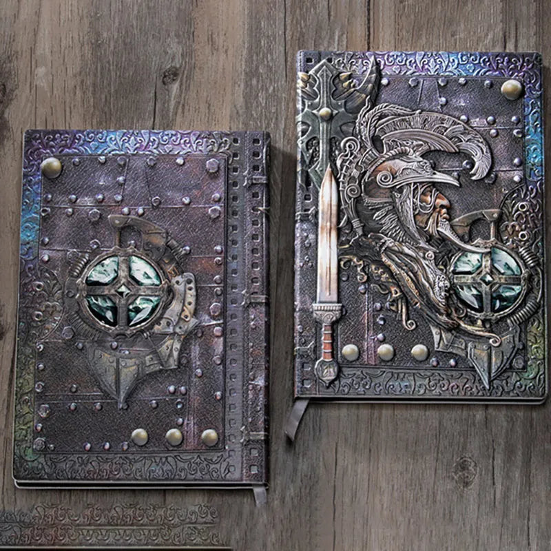 Handmade leather A5 notebook with embossed 3D Warriors relief design, shown open.