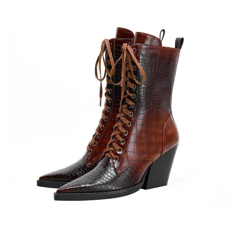 Dark brown women's ankle boot with retro stone pattern, pointed toe, and a chunky heel.