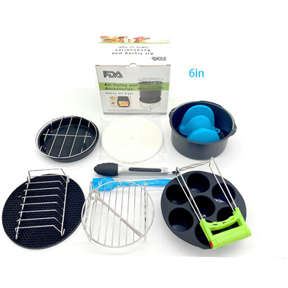 8-inch air fryer accessory set with cake barrel, pizza pan, silicone mat, and safety tools for multi-layer cooking