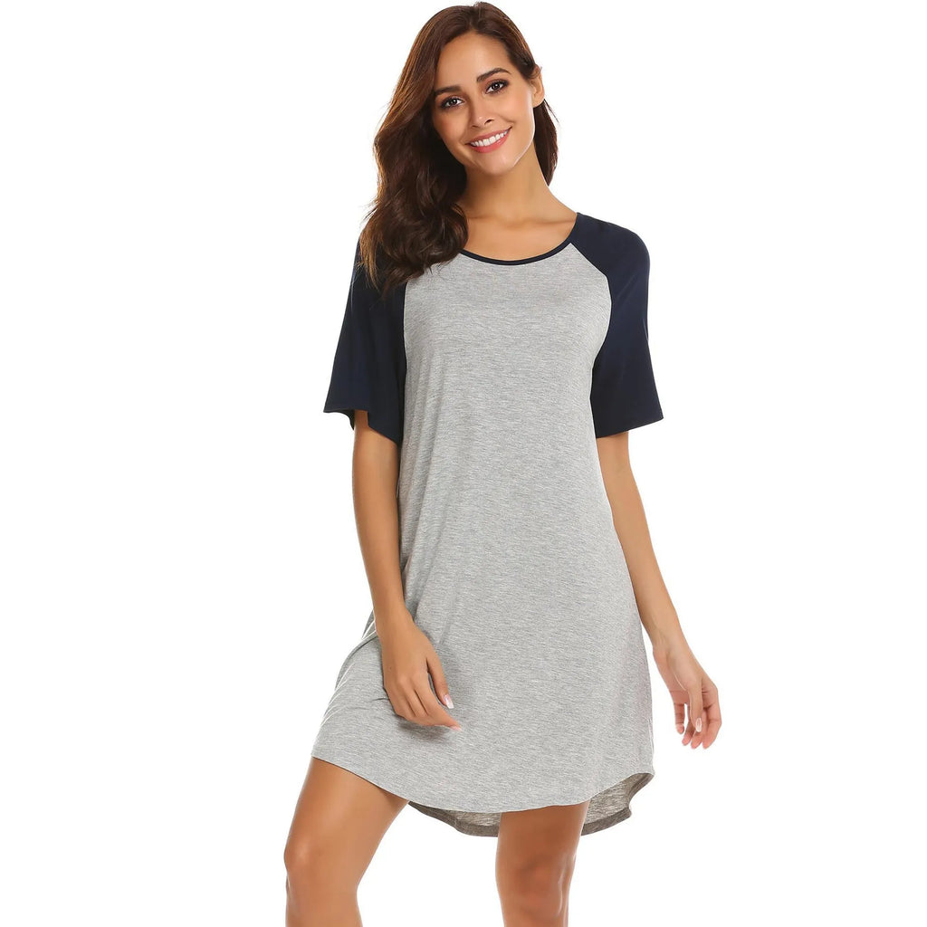 Women's patchwork nightdress with contrasting colour sleeves in navy blue or black.