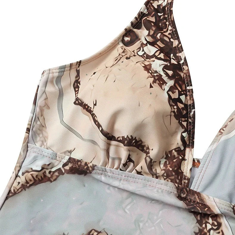 Brown polyester split bikini for women showing top and bottom pieces with size range S to XXL